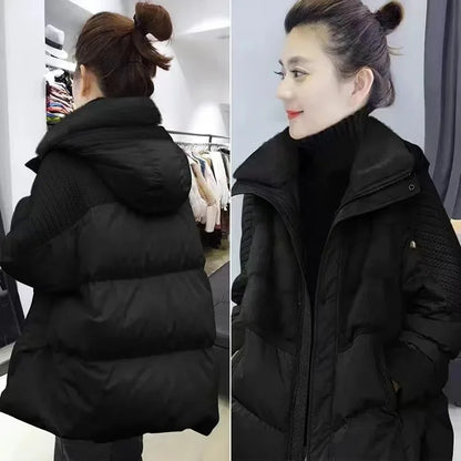 Damen Winter Steppjacke mit Kapuze Teddyfutter Strickdetails Beige