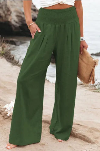 Damen Leinenhose mit weitem Bein und gerafftem Bund, lockere Freizeithose
