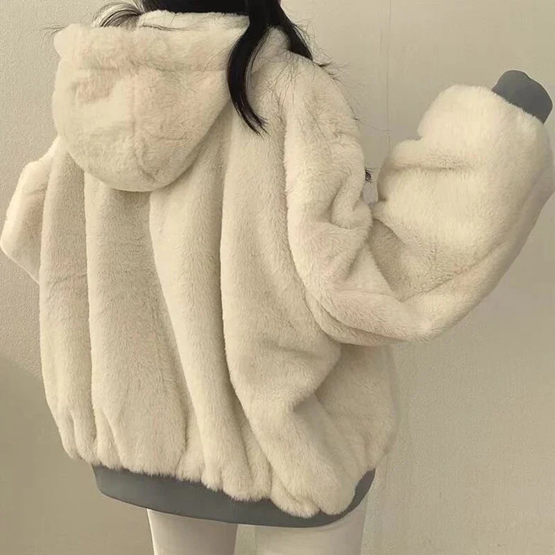 Damen Bomberjacke mit Kapuze Teddyfleece Futter Reißverschluss