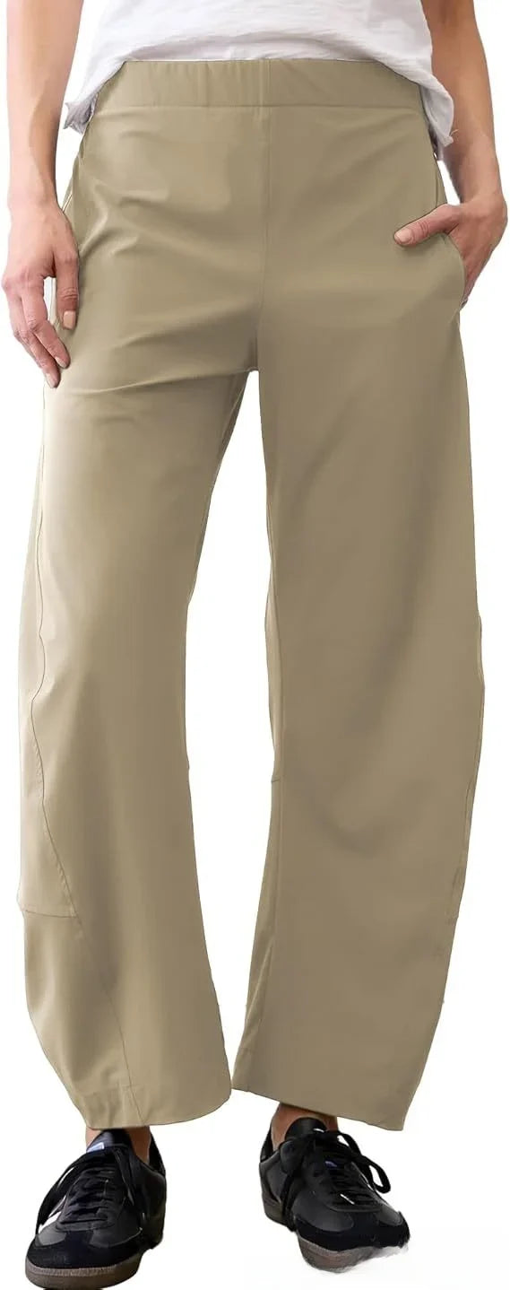 Damen Freizeithose Weites Bein Elastischer Bund Bequeme Stoffhose