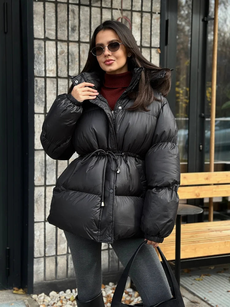 Damen Pufferjacke Stehkragen Gürtel Winterjacke