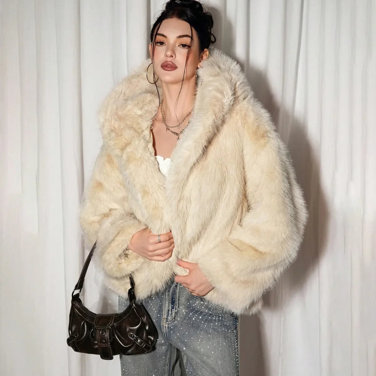 Damen Kunstpelzjacke Cremeweiß Kurz Kuschelig Winter Elegant