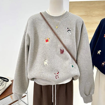 Unisex Sweatshirt Rundhals mit Hunde-Stickereien