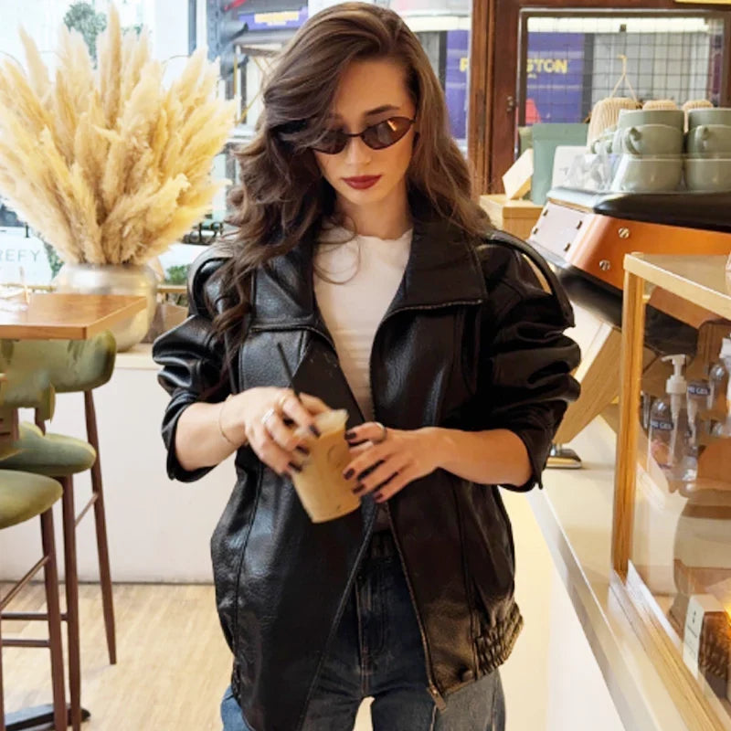 Damen Jacke im Leder-Look mit Stehkragen und asymmetrischem Verschluss