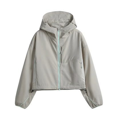 Damen Kurze Kapuzenjacke Windbreaker Leicht Reißverschluss