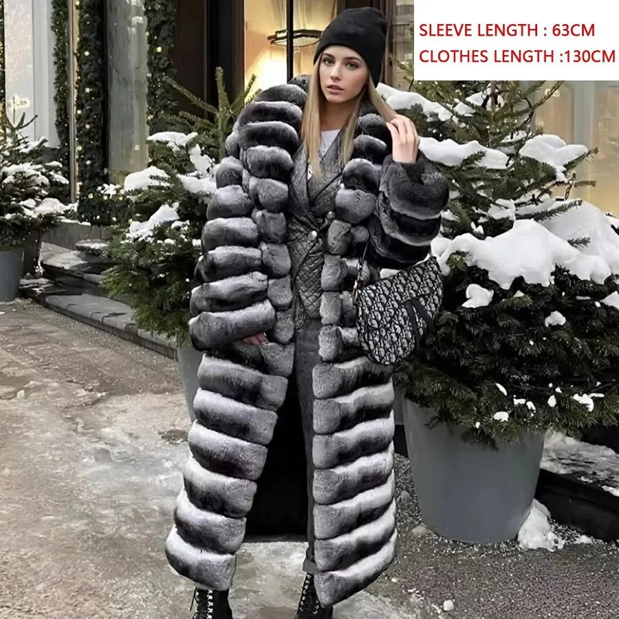 Damen Mantel Lang Pelzoptik Gestreift Grau Schwarz Winter Elegant