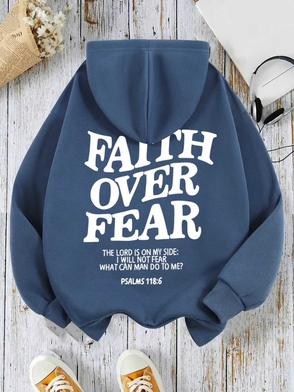 Hoodie mit Kapuze und "Faith Over Fear" Druck, lockere Passform
