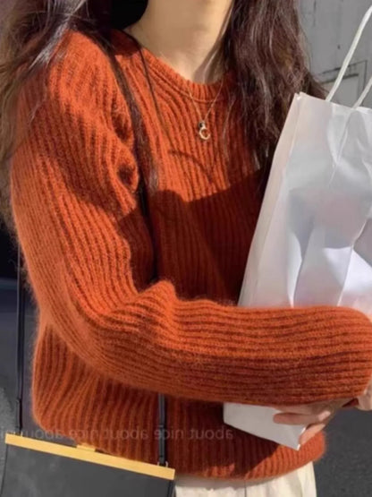 Damen Grobstrick Pullover Rundhals Langarm Rostrot