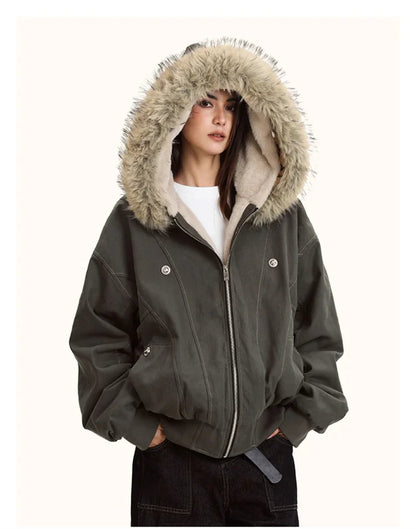 Damen Bomberjacke mit Kapuze und Fellimitat Futter - Warm Gefütterte Winterjacke