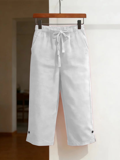 Damen Capri Hose mit Kordelzug und Seitenknöpfen, Weitem Bein