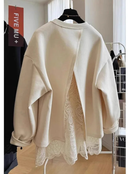 Damen Sweatshirt mit Spitze am Rücken Offen Langer Arm Creme