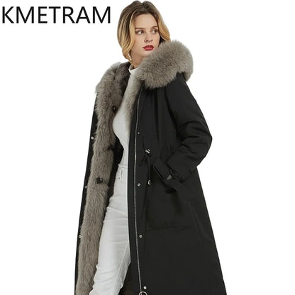 Damen Winterparka lang Schwarz mit Kapuze und Kunstfellbesatz