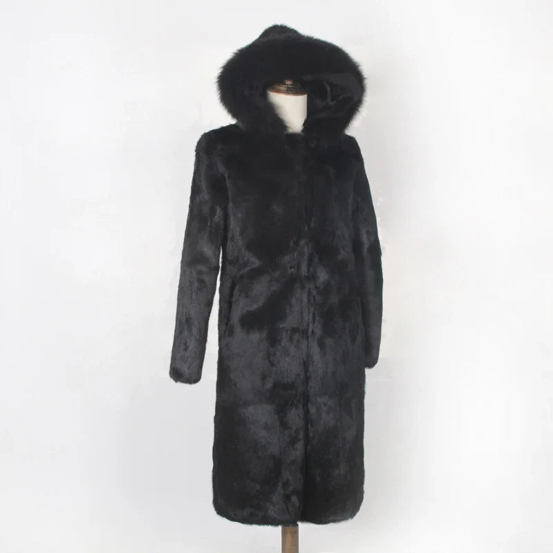 Damen Langer Mantel Schwarz mit Kapuze und Fellbesatz