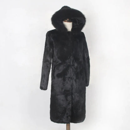 Damen Langer Mantel Schwarz mit Kapuze und Fellbesatz