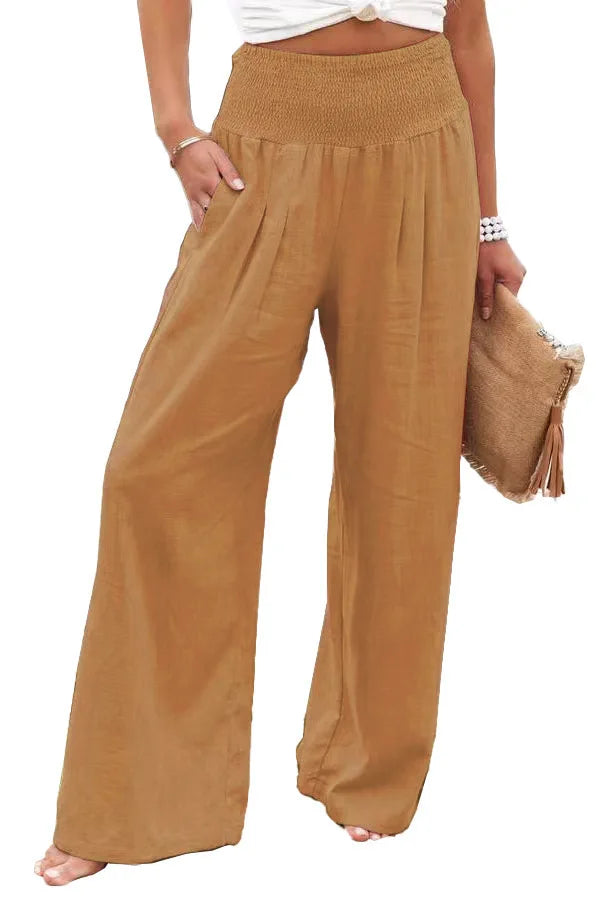 Damen Leinenhose mit weitem Bein und gerafftem Bund, lockere Freizeithose
