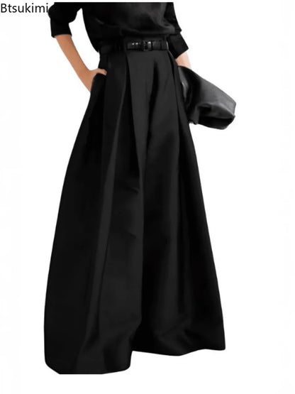 Damen Weite Hose High Waist Plissee Palazzo Hose mit Gürtel