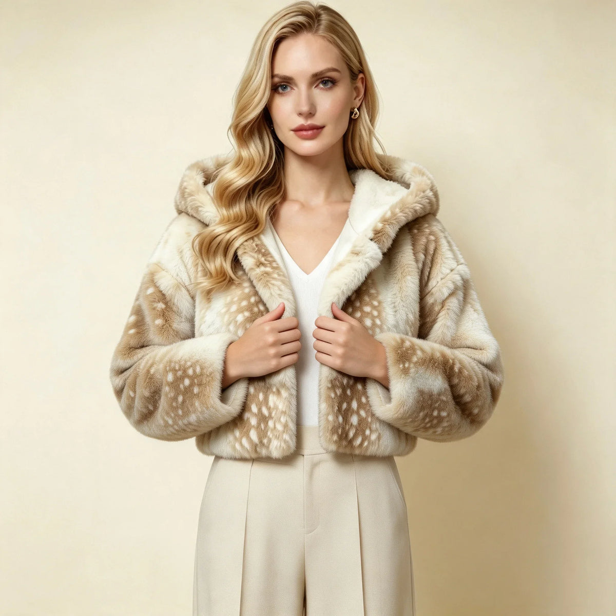 Kurze Damen Kapuzenjacke aus weichem Material mit Punktmuster in Beige