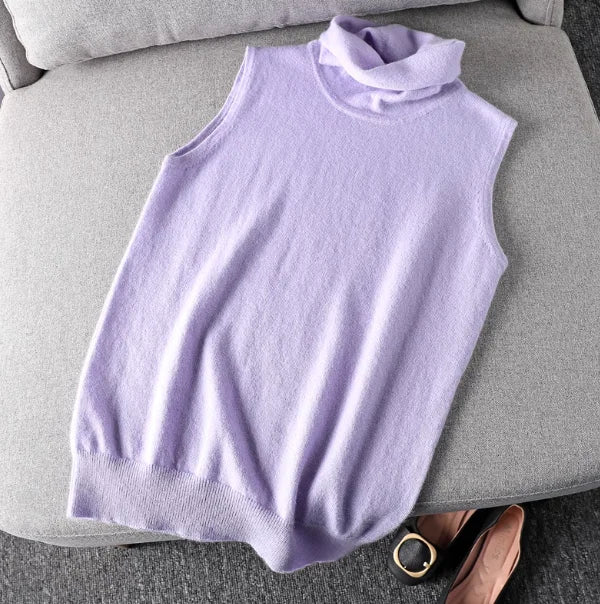 Damen Rollkragen Weste Ärmellos Strickpullover Unifarben