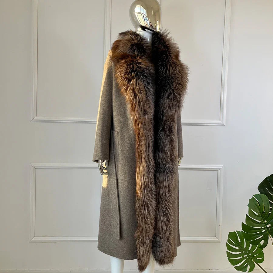 Damen Langer Mantel mit Pelzkragen Grau Beige