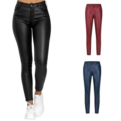 Damen Skinny Hose Glänzende Optik Kunstleder Slim Fit
