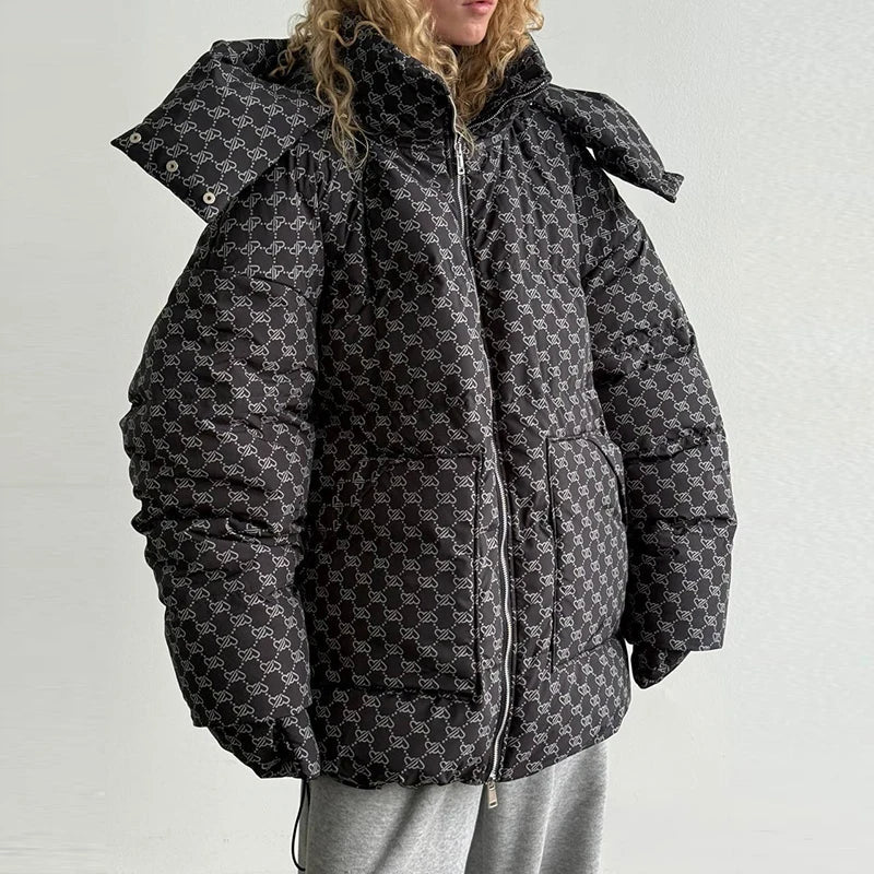 Damen Oversize Steppjacke Gemustert mit Kapuze
