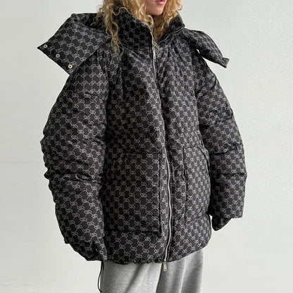 Damen Oversize Steppjacke Gemustert mit Kapuze