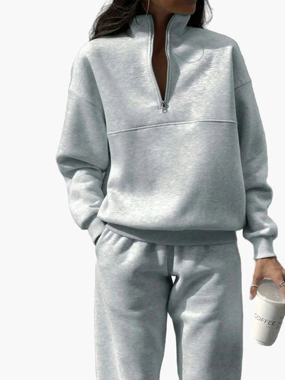 Damen Freizeit Zweiteiler Set – Bequemer Pullover mit Reißverschluss und Jogginghose, Lässiger Streetwear-Look für Alltag und Freizeit