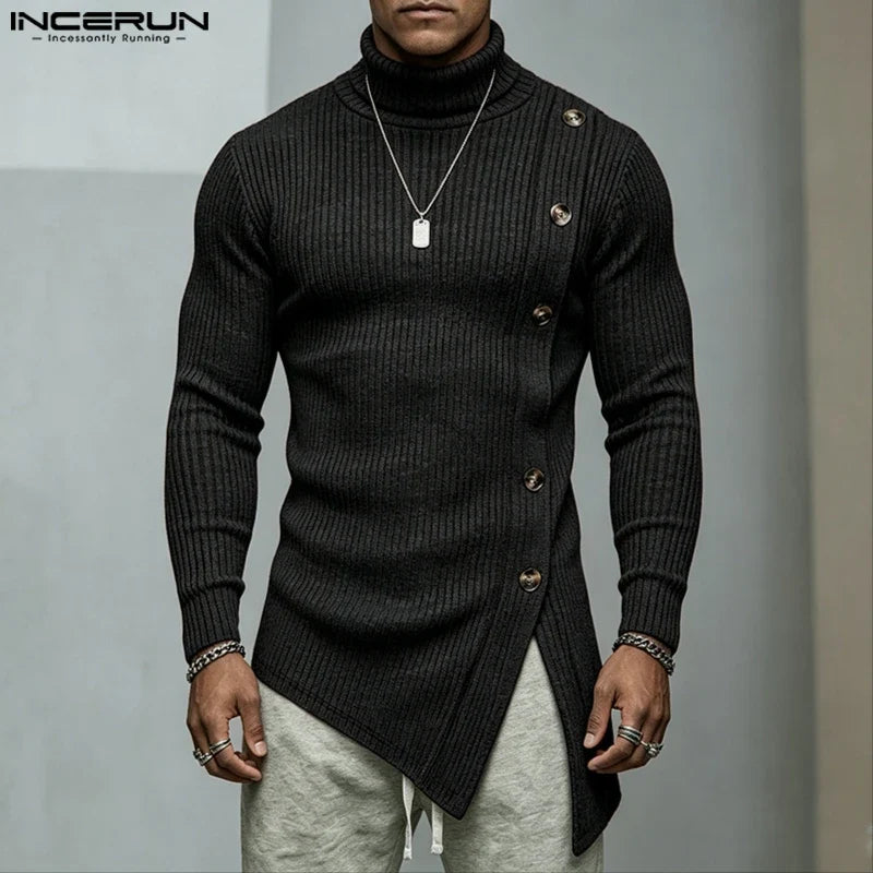 Herren Rollkragenpullover Asymmetrischer Saum Knöpfe Langarm Strickpullover