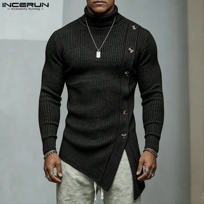 Herren Rollkragenpullover Asymmetrischer Saum Knöpfe Langarm Strickpullover