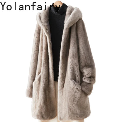Damen Kapuzenjacke Lang Kunstfell Teddyfell Grau-Beige