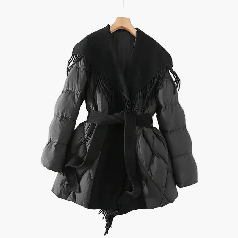 Damen Winter Steppmantel mit Veganer Wollkragen und Fransen – Modischer Koreanischer Stil, Elegant und Warm für Alltag und besondere Anlässe