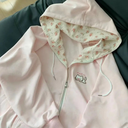 Damen Kapuzenjacke Reißverschluss Stickerei Rosa Grün