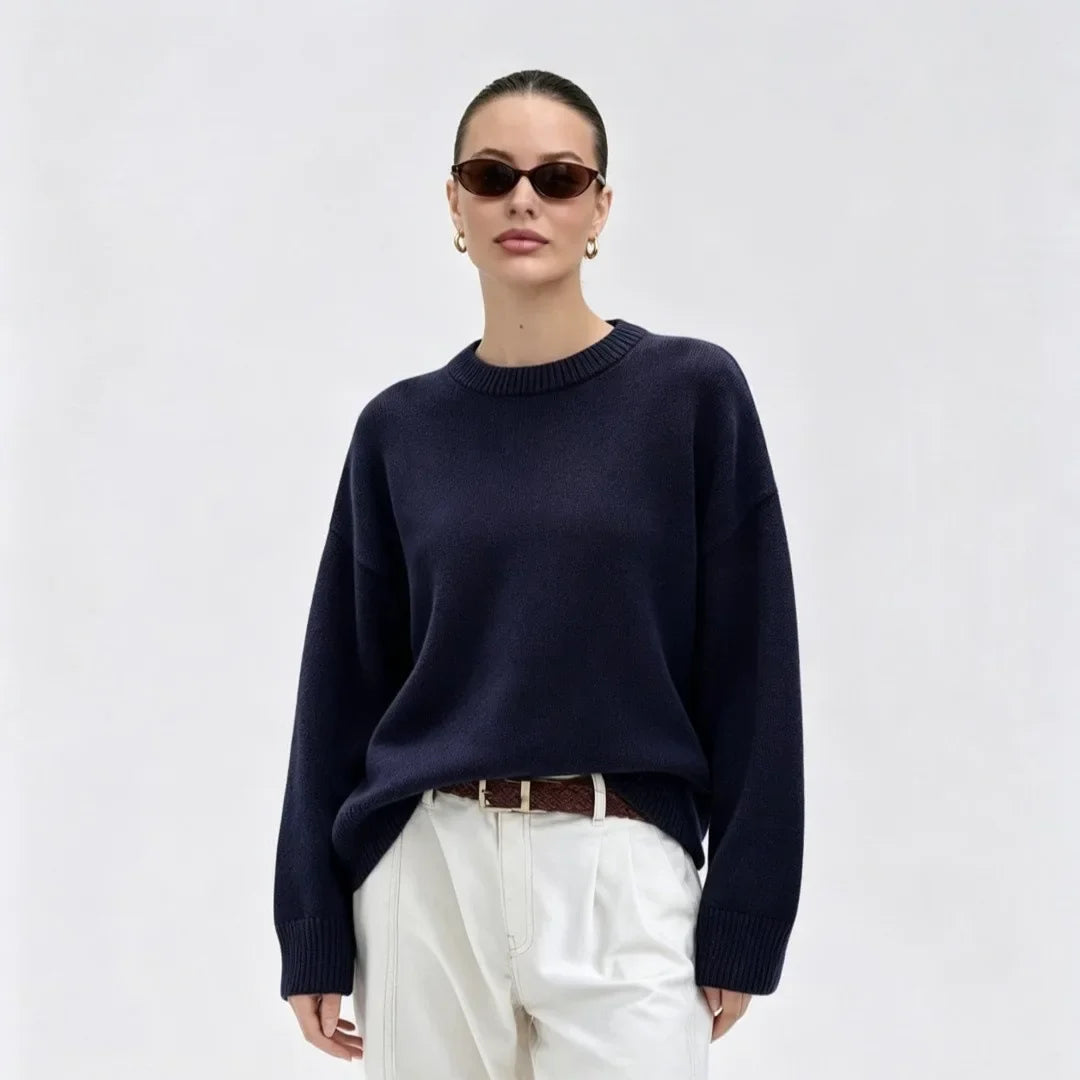 Damen Oversize Rundhals Pullover Langarm Basic Strickpullover