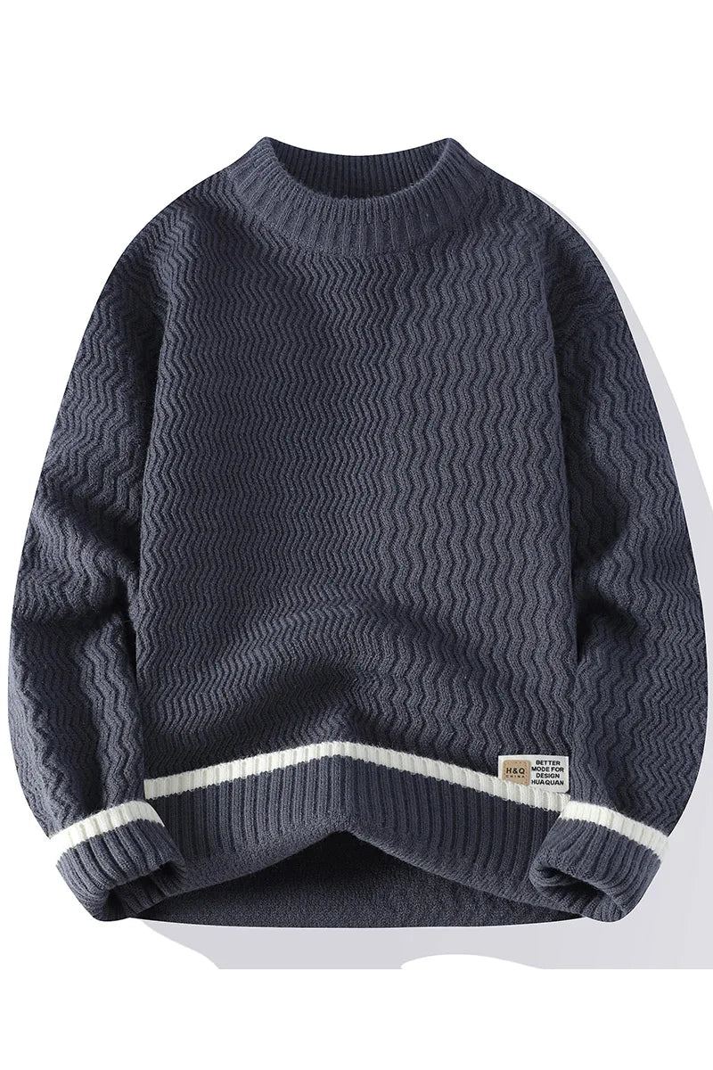 Unisex Rollkragenpullover mit Wellenmuster und Kontraststreifen – Gemütlicher Strickpullover