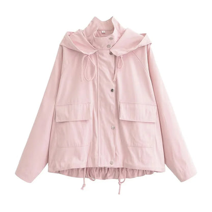 Kurze leichte Damenjacke Rosa mit Kapuze und Kordelzug