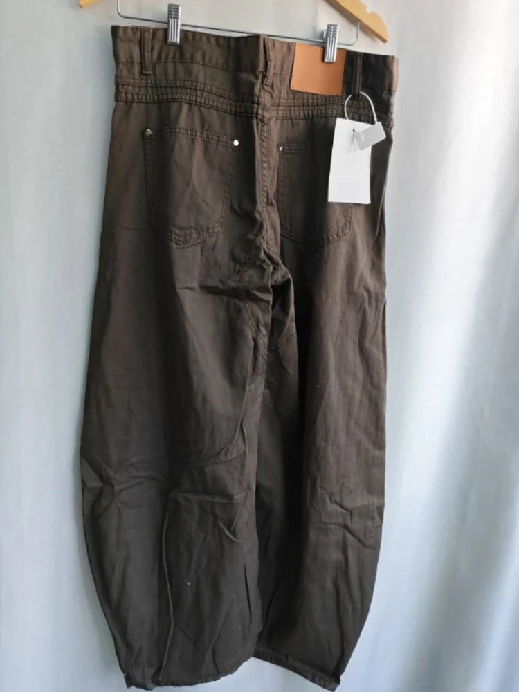 Weite Baggy Hose für Damen in Dunkelgrau/Braun mit geradem Bein