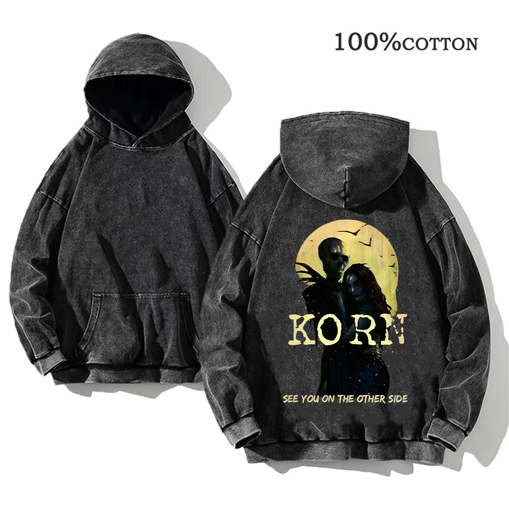 Unisex Kapuzenpullover Grau verwaschen mit Band-Print Vorn & Hinten