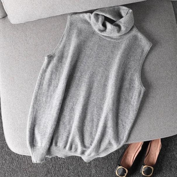 Damen Rollkragen Weste Ärmellos Strickpullover Unifarben