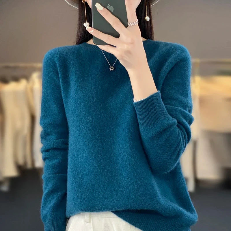 Damen Pullover Rundhals Langarm Strickpullover Weich Unifarben