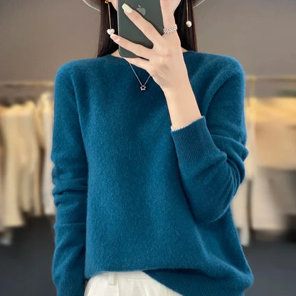 Damen Pullover Rundhals Langarm Strickpullover Weich Unifarben