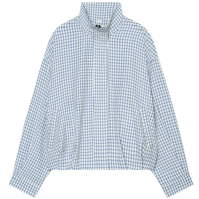 Damen Karo Hemd Stehkragen Oversize Bluse Lange Ärmel