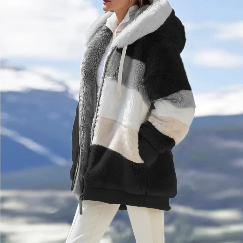 Damen Teddyfell Jacke mit Kapuze Reißverschluss Mehrfarbig Blockstreifen Winter