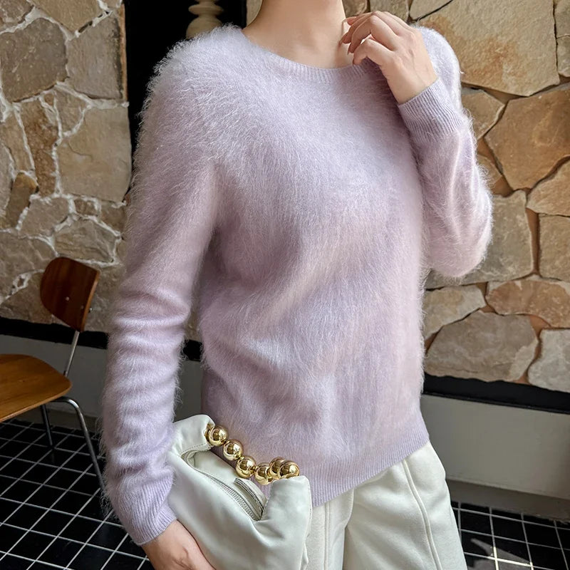 Damen Pullover flauschig weich Rundhalsausschnitt Langarm Strickpullover
