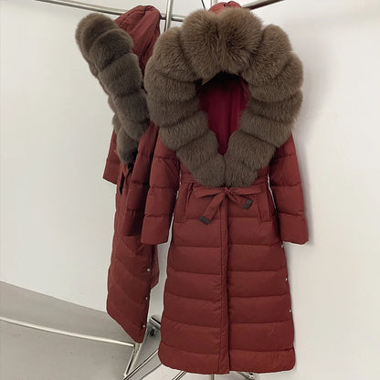 OFTBUY Grote Echte Vos Bontkraag X-Lange Puffer Jas Vrouwen Capuchon Winter Witte Eend Down Jas Dikke Vrouwelijke parka Met Riem