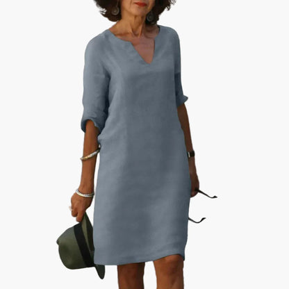 Damen Kleid mit V-Ausschnitt und 3/4-Ärmeln – Eleganter Freizeit- und Büro-Look