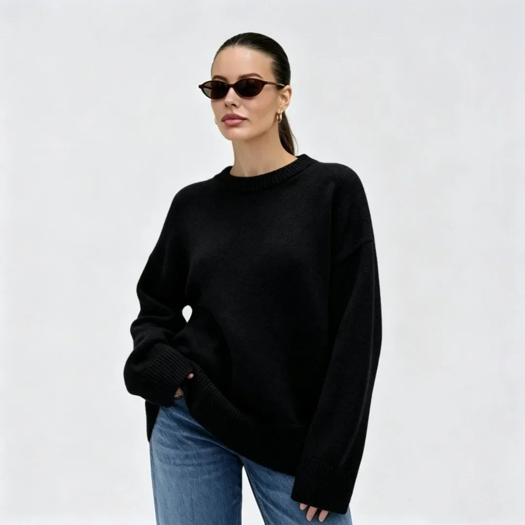 Damen Oversize Pullover Rundhals Rippstrickbündchen Lange Ärmel