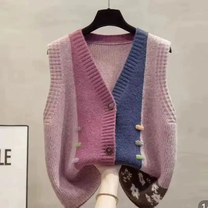 Damen Strickweste V-Ausschnitt Farbmix Knopfleiste Ärmellos