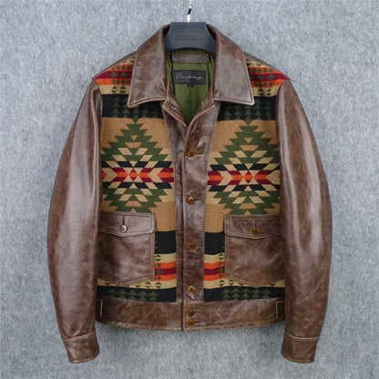 Herren Jacke im Western-Stil mit geometrischem Muster, Umlegekragen und Taschen