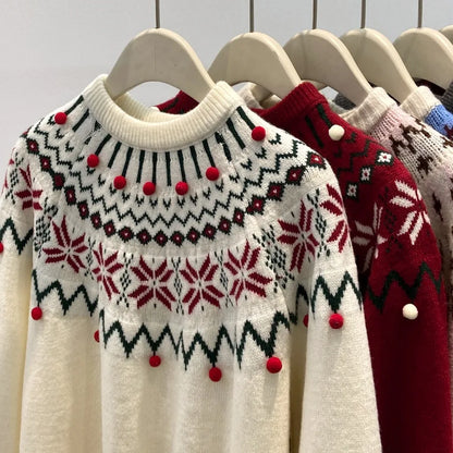 Damen Pullover Fair Isle Muster Zopfstrick Optik Rot Creme