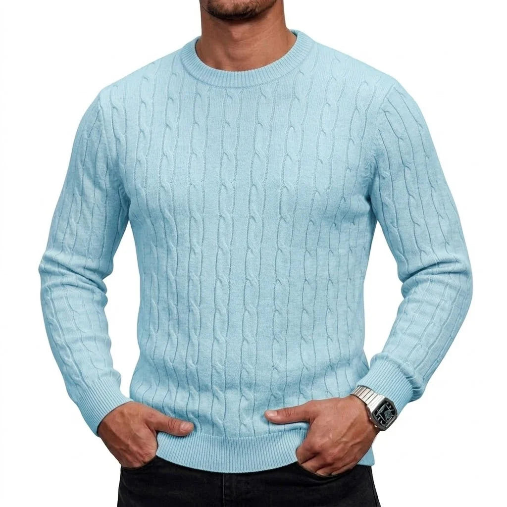 Herren Zopfmuster Pullover Rundhals Langarm Strickpullover Rippbündchen Slim Fit